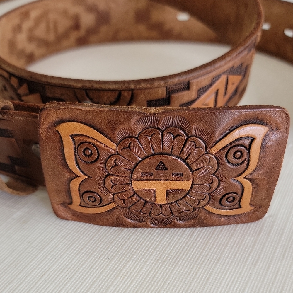 Vintage Chambers Thunderbird Hand Made Narive Western Leather Belt sz36  Bin3